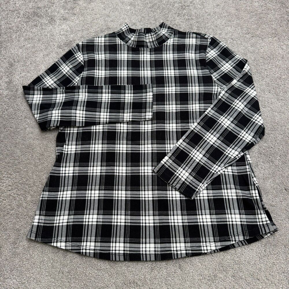 Charter Club Pima Cotton Mock Neck Top Womens XL Black White Plaid Long Sleeve
